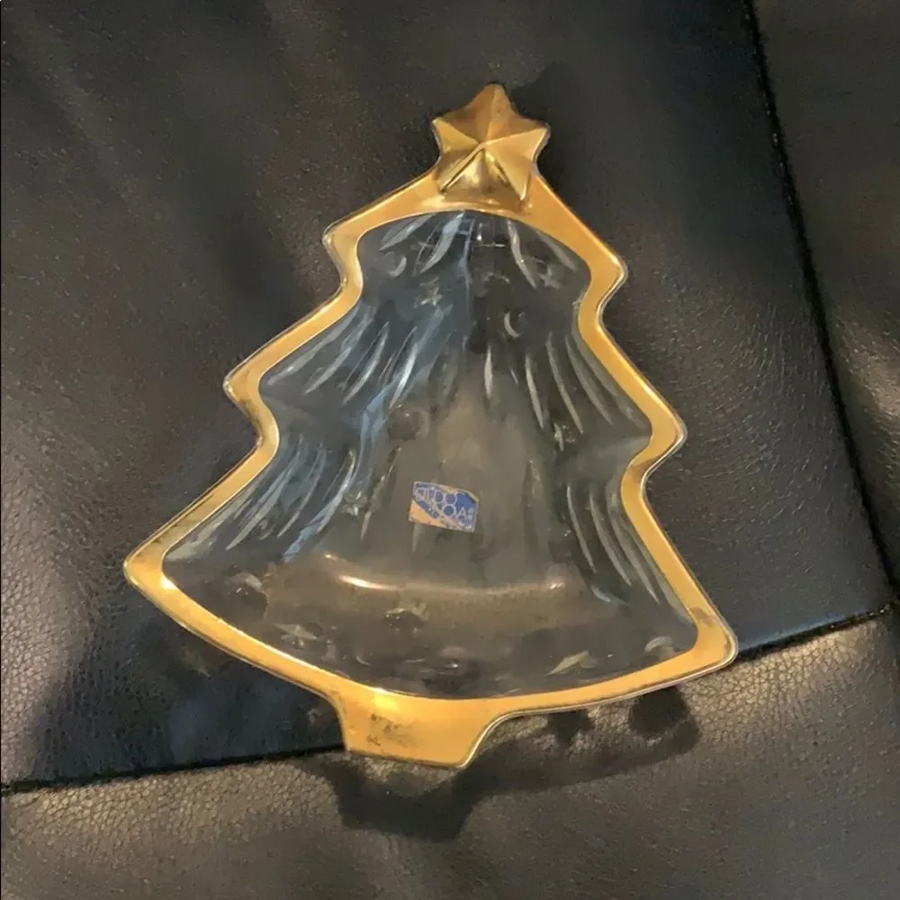 Studio Nova Christmas Tree Glass Candy Dish Gold Trim‎ Star Topper 6 inch